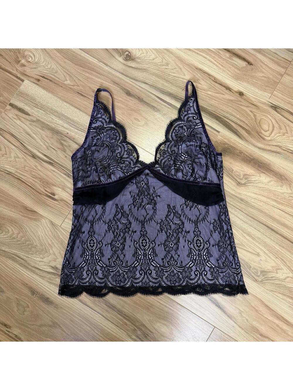 Moda International Black Lace Purple Cami Top Y2K Romantic Coquette Vamp Size L